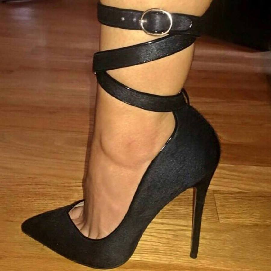 Elegant Women's Horsehair Ankle Strap Stiletto Heel Party Pumps Sizes 4-13