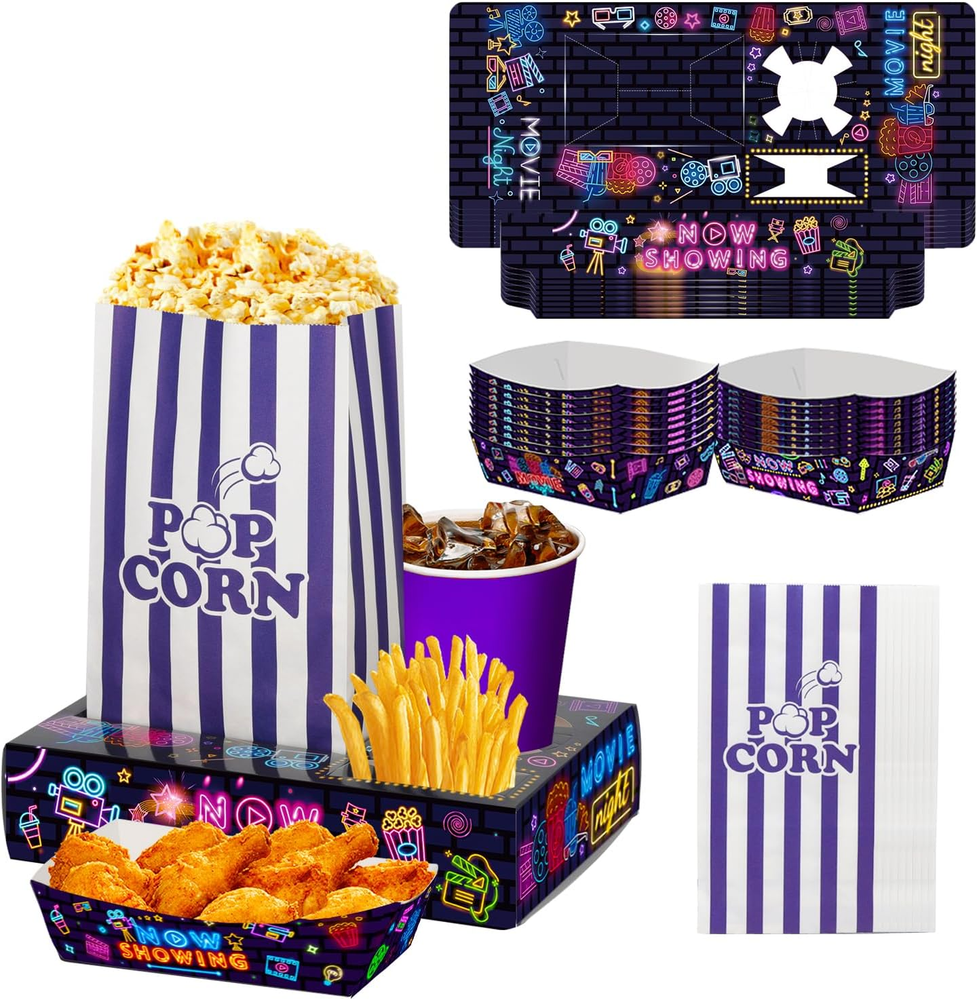 60 Pcs Movie Night Kit with Neon Snack Trays & Bags for Fun Family Nights