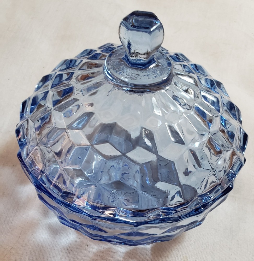 Indiana Glass Whitehall Colony Cubist Blue Covered Candy Dish Vtg 5.5