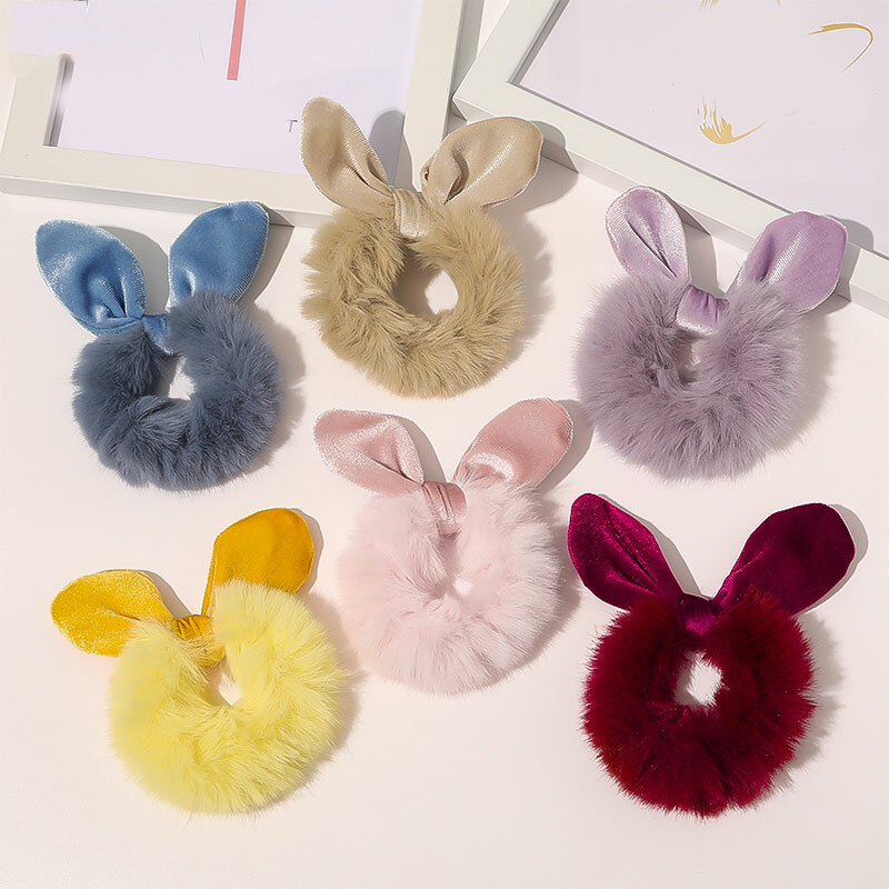 Women’s Plush Faux Rabbit Fur Bowknot Scrunchies Rabbit Ears Hair Ring