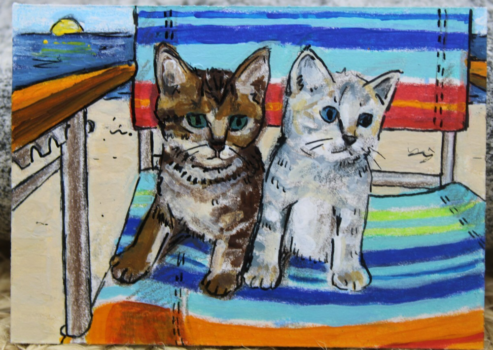 ACEO Original Cat Art - Cute Kittens at Beach by Rockn Palette