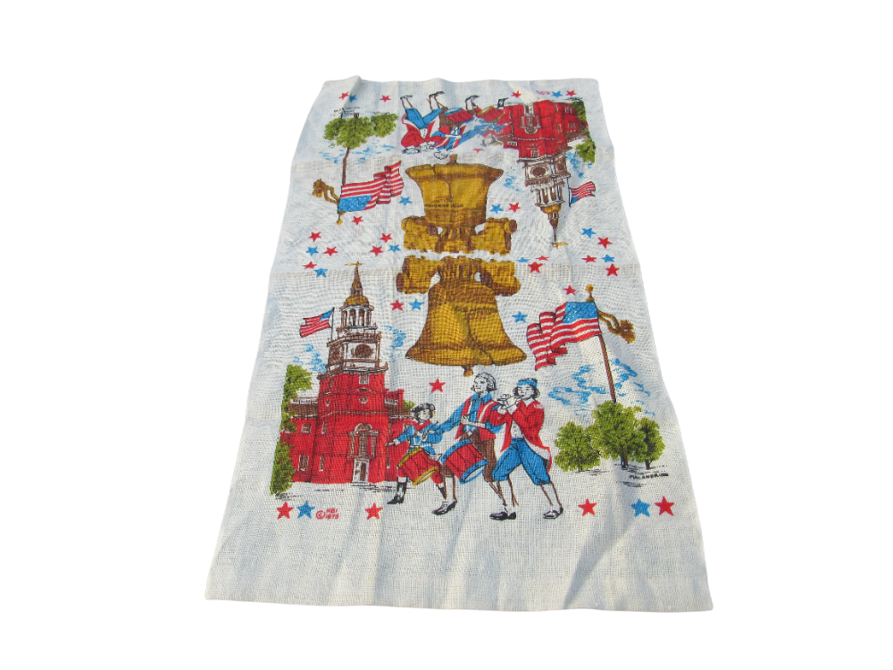 VTG Liberty Bell Linen Towel Patriot Minute Man Drum and Fife American Flag 1975