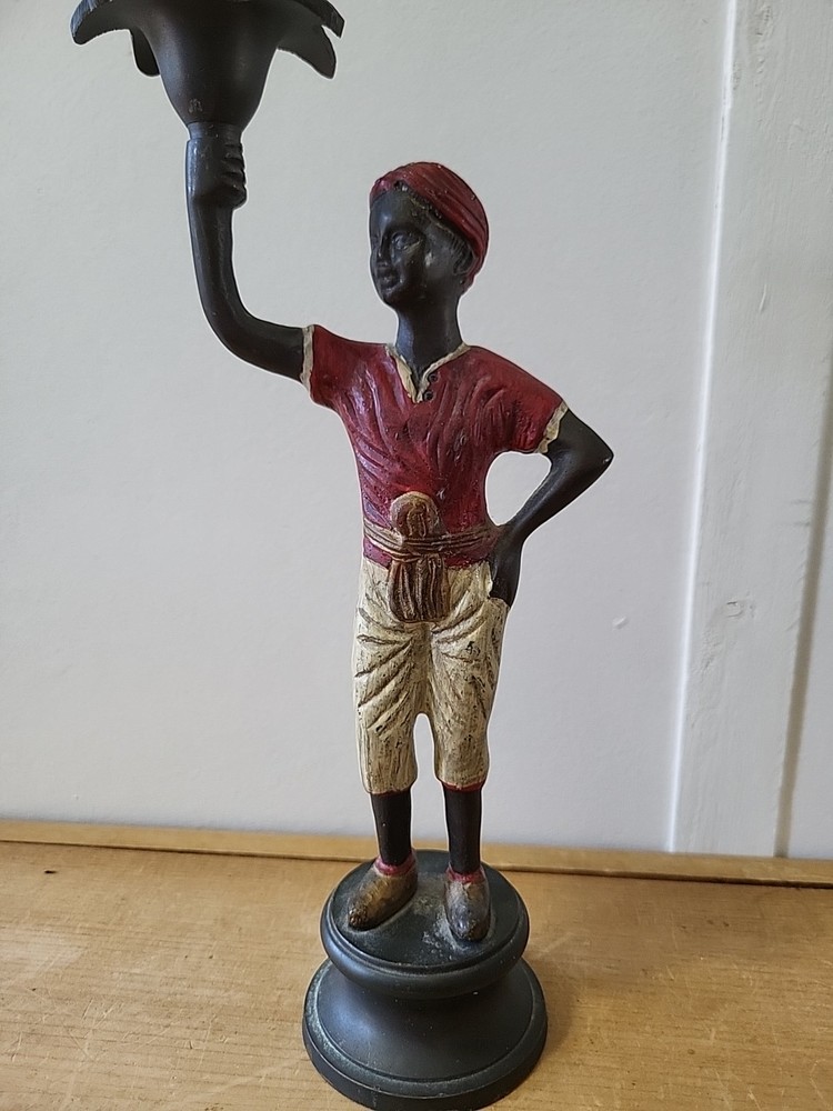Vintage 90s British Colonial Heavy Iron Blackamoor Palm Candle Holder 10.5 Inches