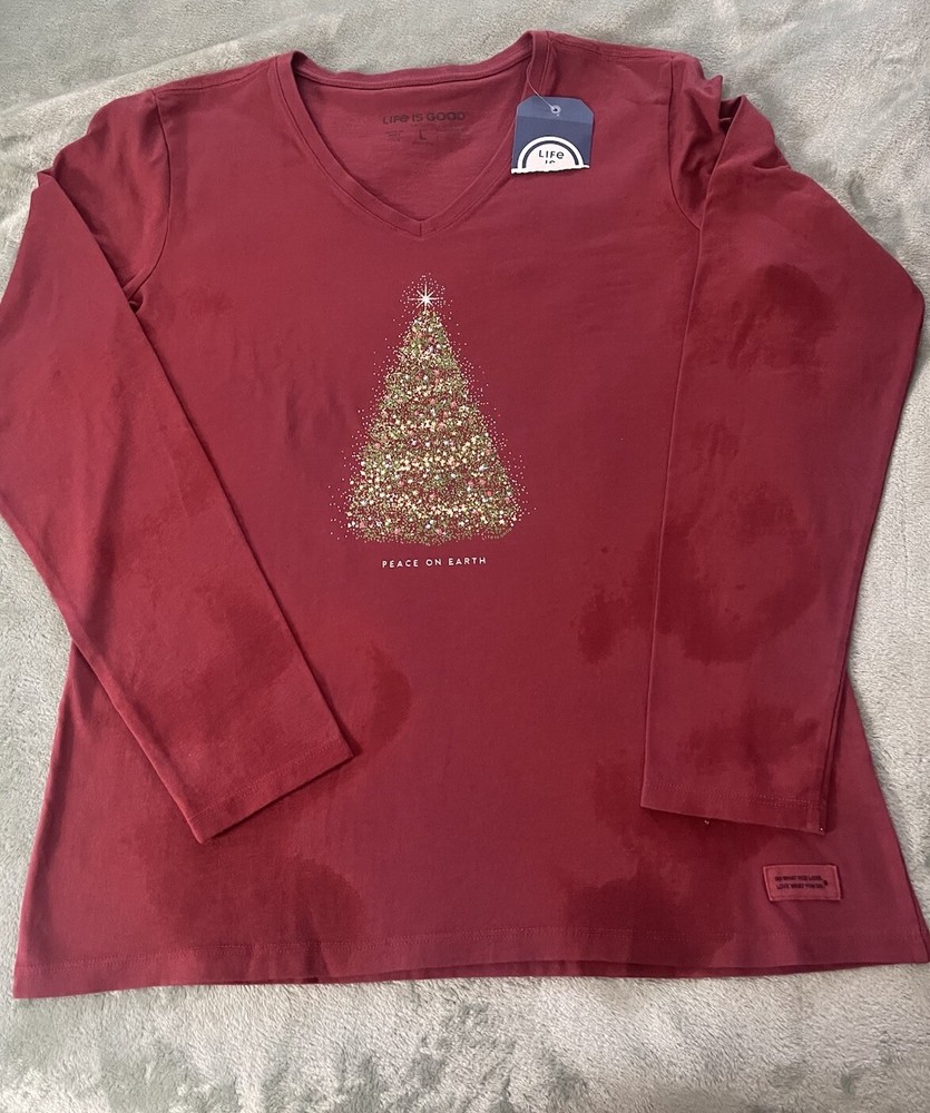 Life is Good Crusher Ladies Large Christmas Tree Sparkle Cranberry Peace On Earth Long Sleeve Tee