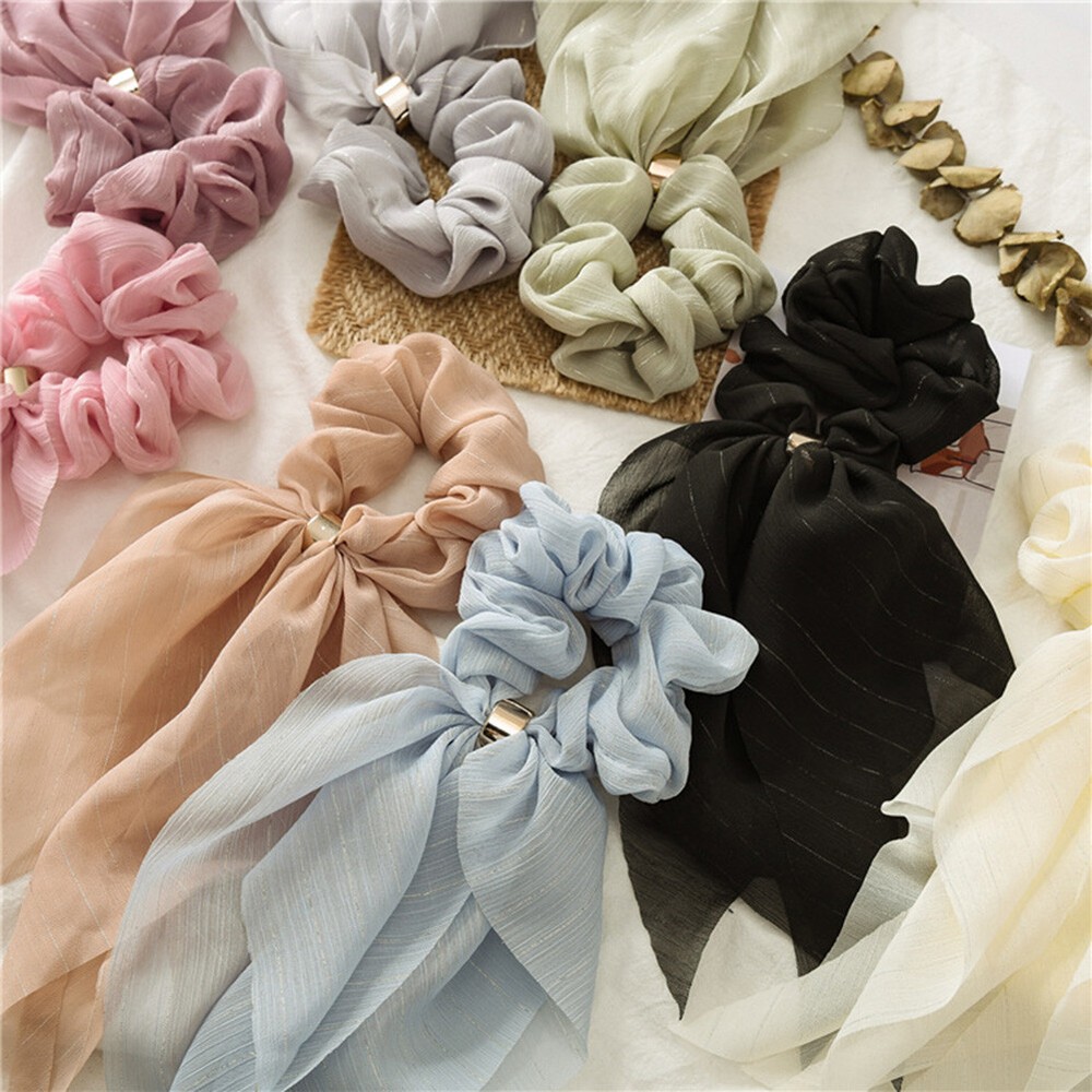 Double Layer Chiffon Bow Scrunchie Hair Tie Ribbon Band-image