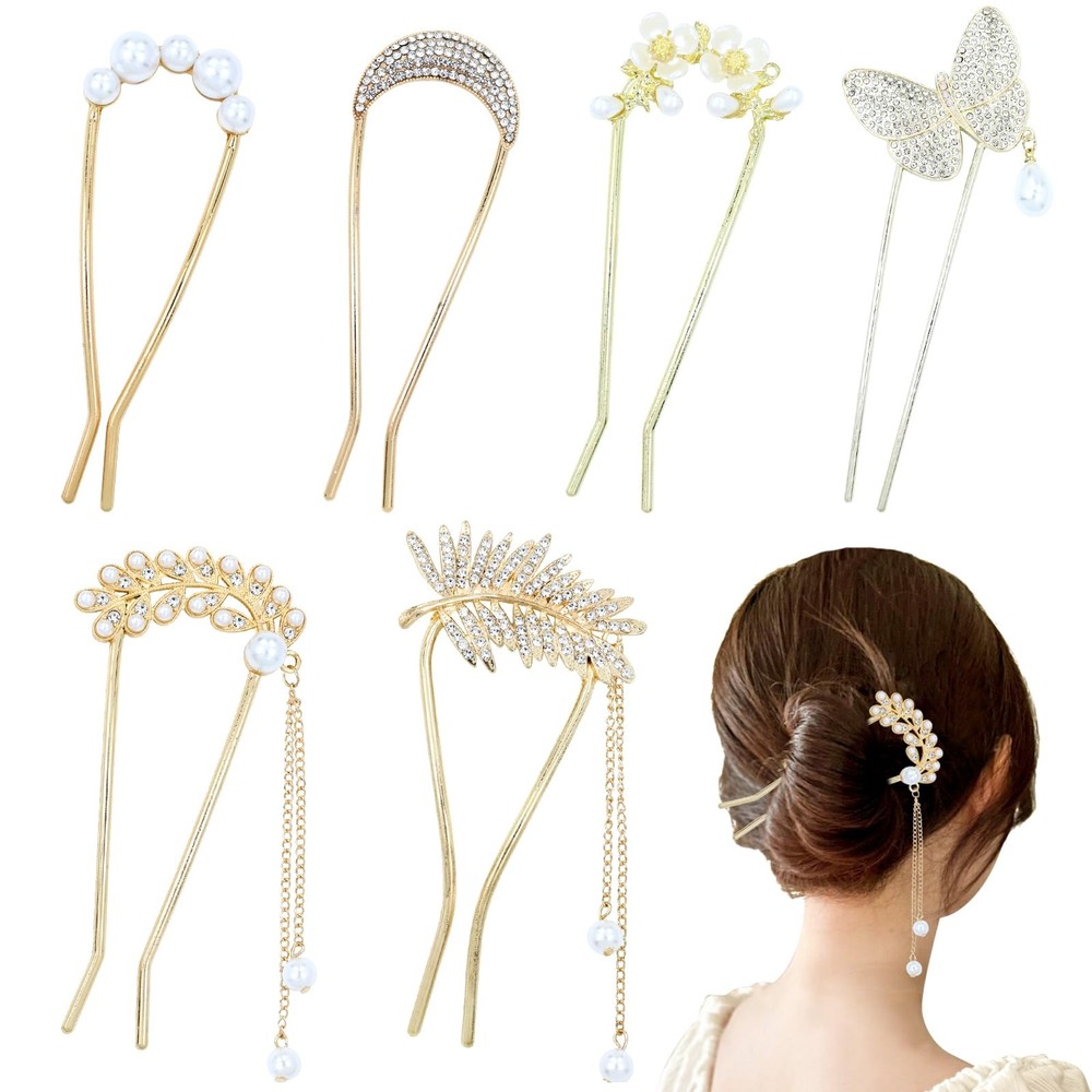 6-Piece Gold U-Shaped Hair Forks with Floral Leaf Moon Design