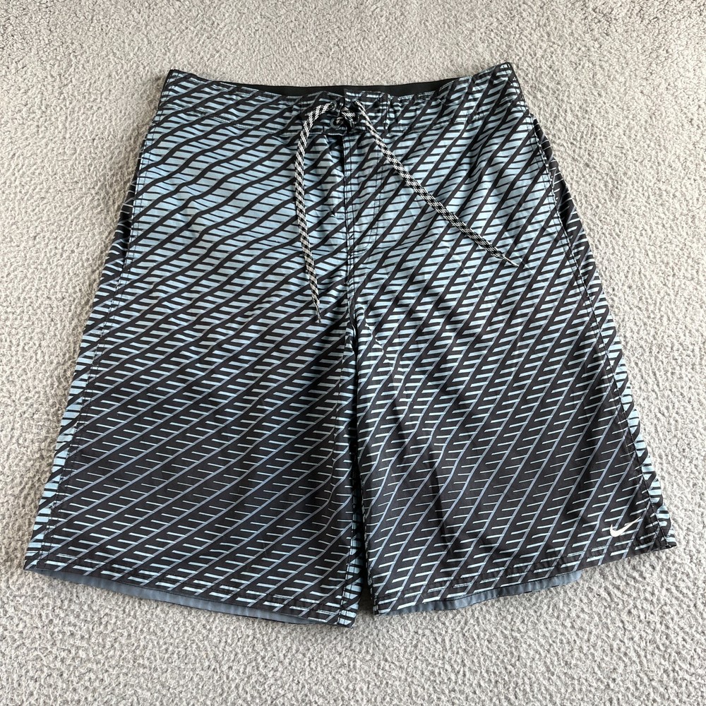 Nike Board Shorts Mens Large Blue Black Striped Swim Trunks Hybrid Outdoor Beach
