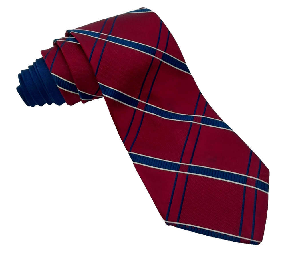 Tommy Hilfiger Red White Blue Diagonal Striped 100% Silk USA-Made Necktie  
