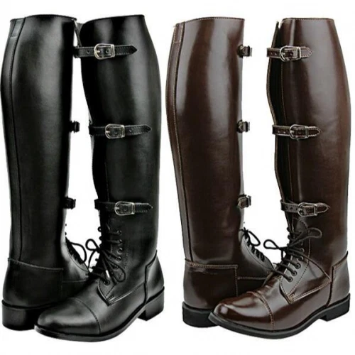 Men Round Toe Thigh High Faux Leather Riding Boots Lace Up Buckle Flat Boots