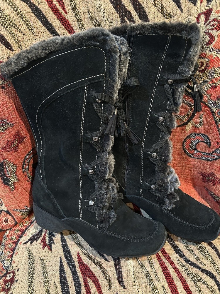 London Fog Black Suede Faux Fur Winter Boots Size 8 Excellent Condition