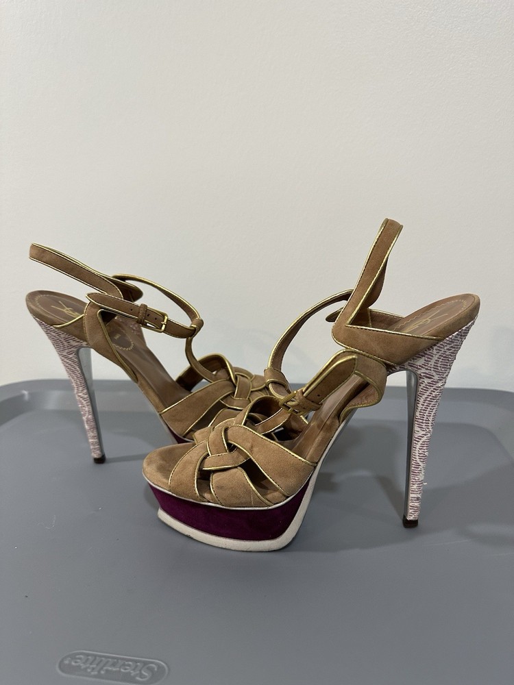 YSL multicolor strappy sandal heels with ankle strap