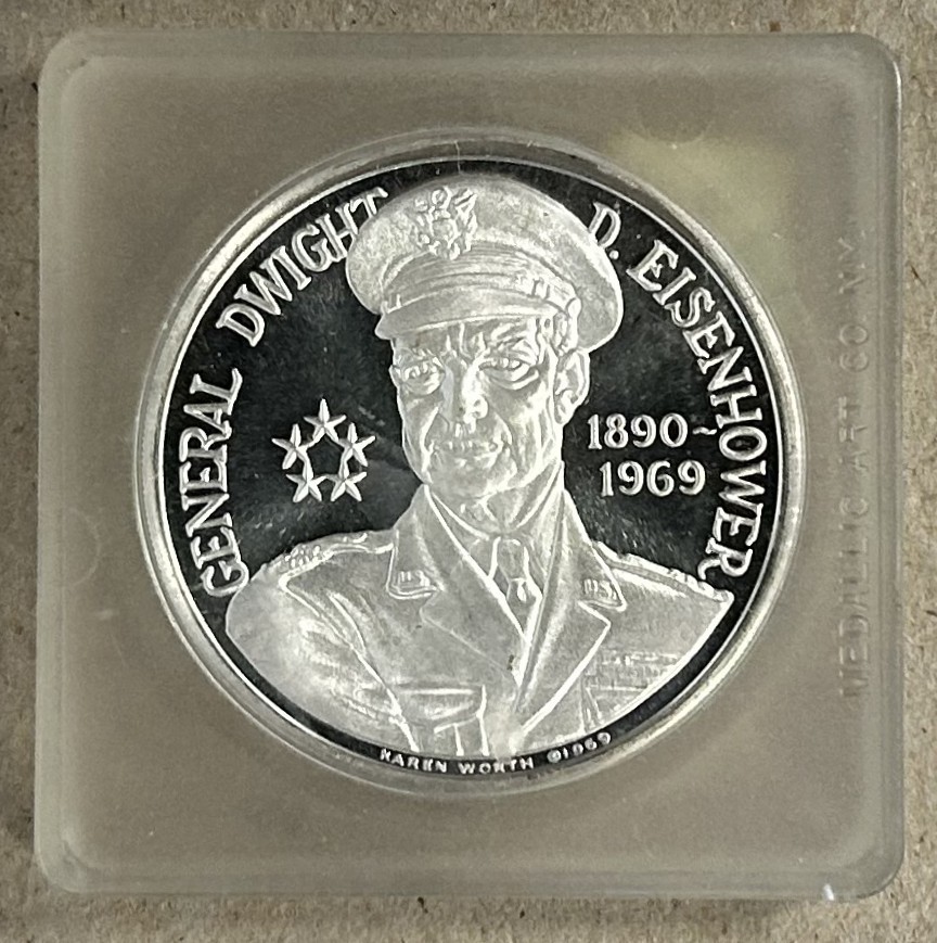 1969 DWIGHT D EISENHOWER MEMORIAL .999 SILVER MEDAL ENGRAVED BY KAREN WORTH