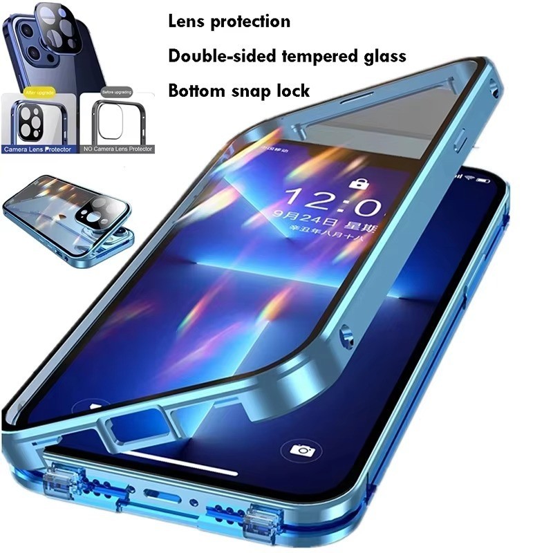 360° Metal Magnetic Double-Sided Glass Phone Case for iPhone 11 To 16 Pro Max