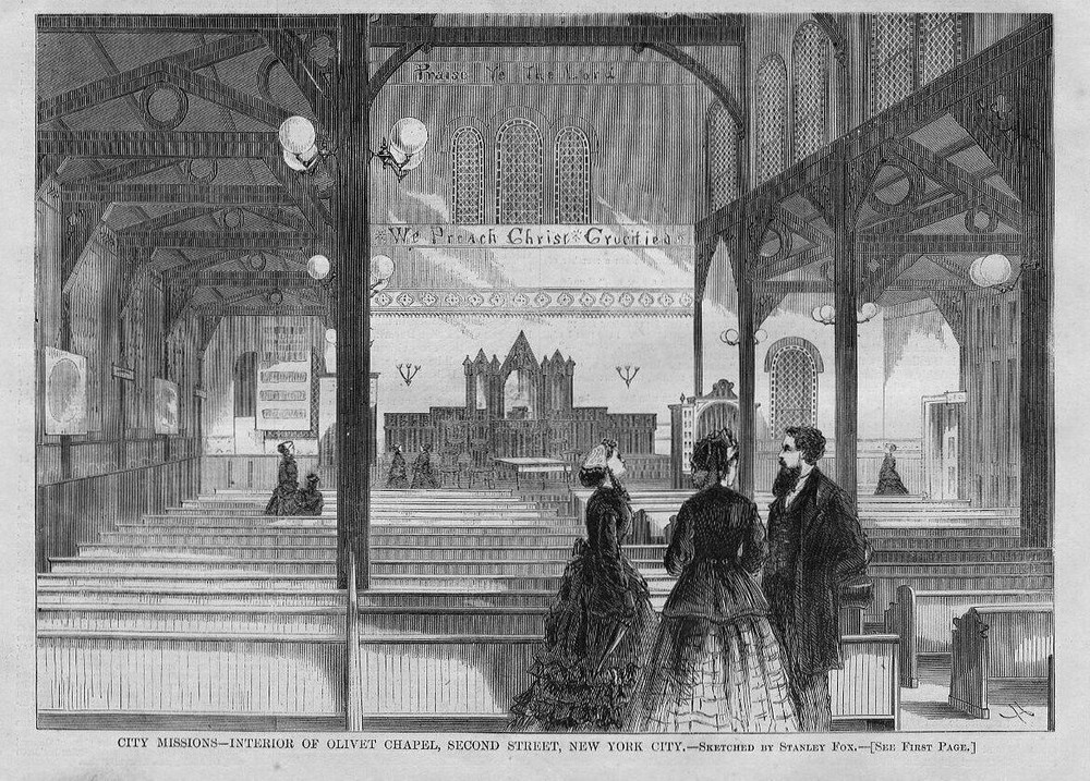CITY MISSIONS INTERIOR OF OLIVET CHAPEL SECOND STREET NEW YORK CITY CHURCH PEWS