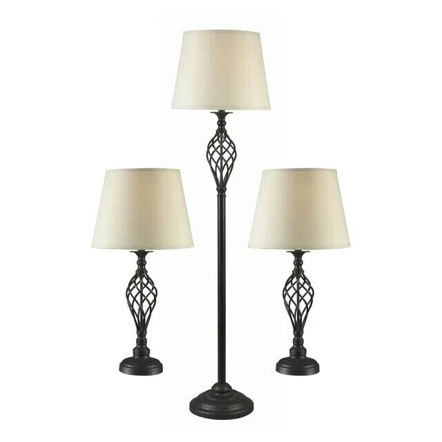Bronze Metal 3-Piece Lamp Set with Beige Shades for Table & Floor