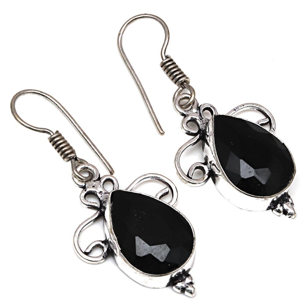 Black Spinal Gemstone Handmade Gift For Her Silver Jewelry Earrings 1.5''