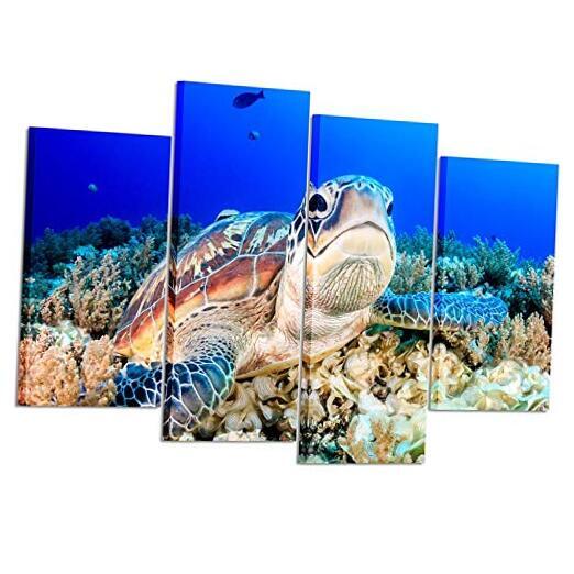 Large Blue 4 Piece Wall Art Turtle Looking Swim in The Sea Prints On Canvas