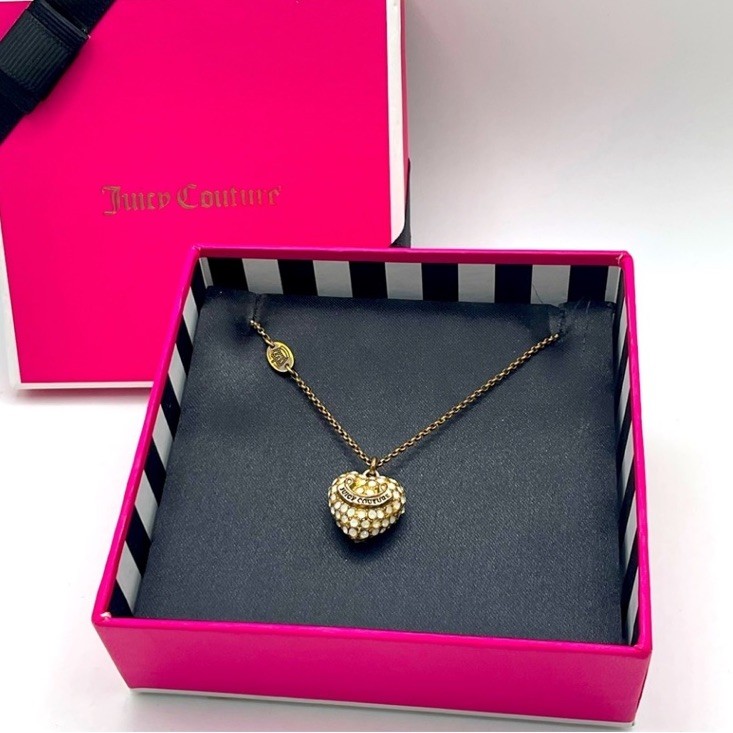 Juicy Couture Gold Pave Rhinestone Heart Logo Pendant Necklace