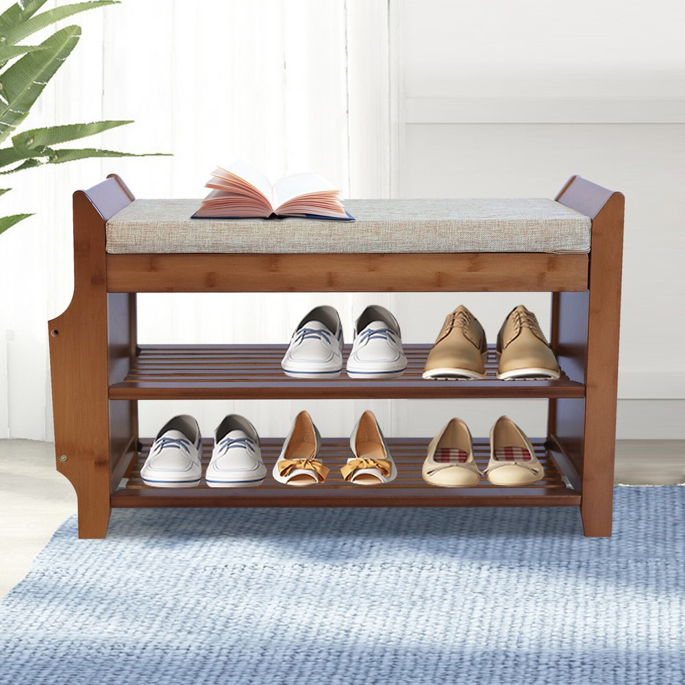 2-Tier Bamboo Shoe Rack Bench with Cushion - Entryway Organizer for Home