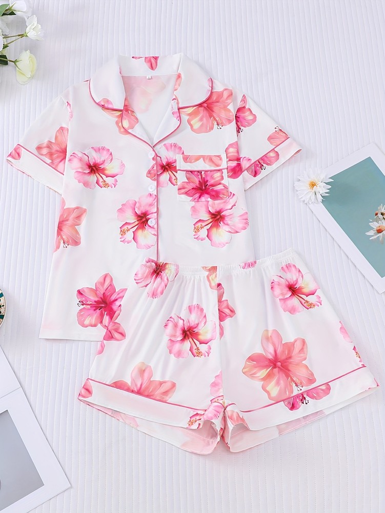 2pcs Floral Print Women'S Pajama Set, Short SleeveShirt Sleepwear and Loungewear