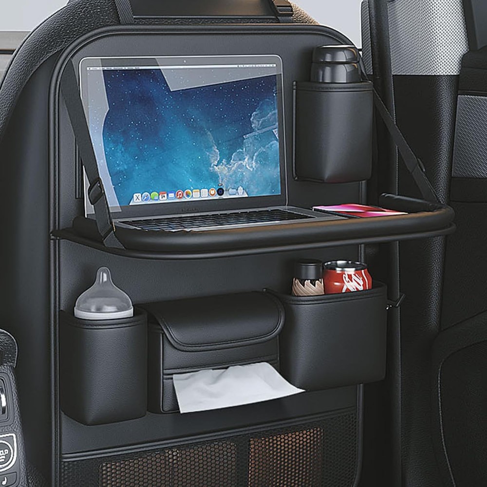 Foldable Backseat Car Table with Large Waterproof Pockets in Black