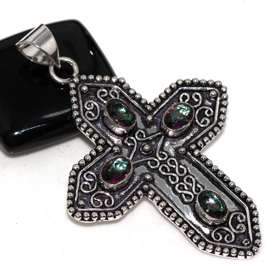 925 Silver Plated Mystic Topaz Ethnic Cross Pendant Jewelry Size 2.6