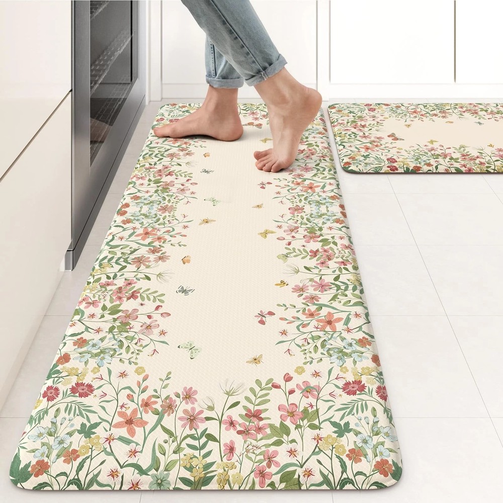 Anti Fatigue Cushioned Floral Kitchen Mats 2-Piece Set for Comfortable Standing