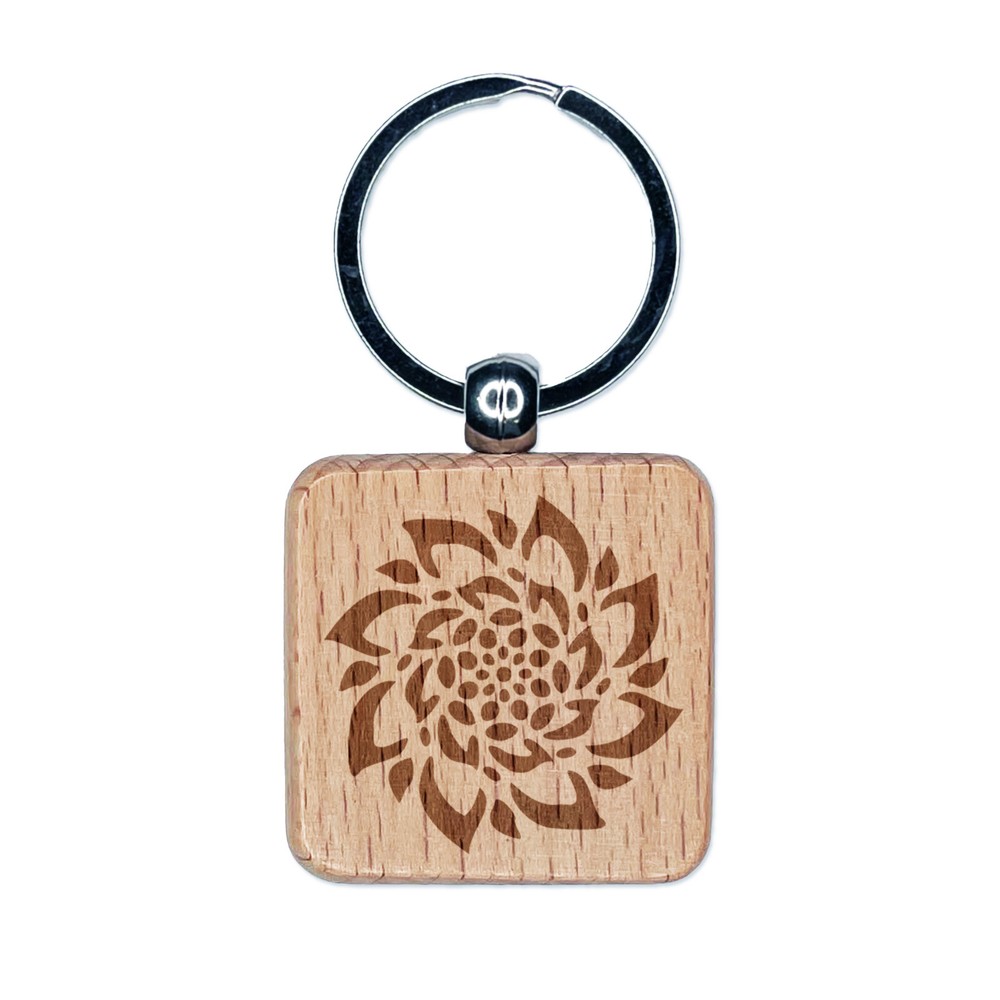 Radial Succulent Flower Spiral Engraved Wood Square Keychain Tag Charm