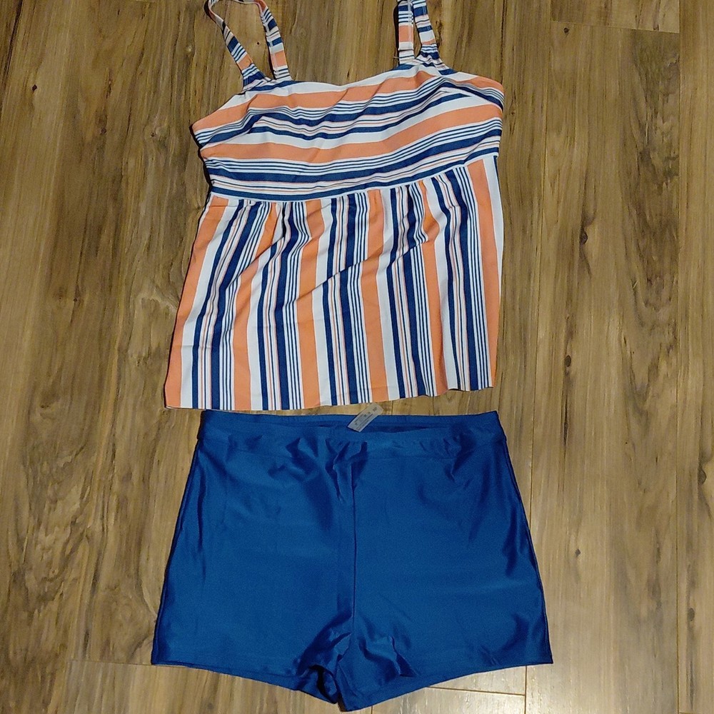 Plus Size 2XL Striped Tankini Swim Shorts Set Blue Orange White Adjustable Strap