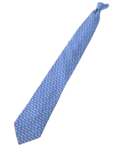 HERMES Necktie Tie Geometric 100% Silk Authentic Blue Light Blue Made in France