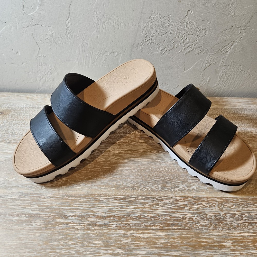 REEF Cushion Banded Horizon Platform Sandal, Black Tan, US 7 Anatomic Arch