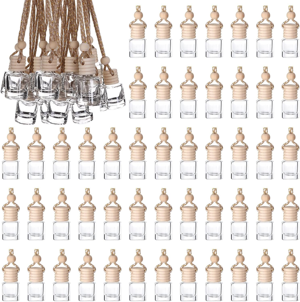 50 Pcs Hanging Car Air Freshener Diffuser with Wooden Caps 8ML Empty Clear Car