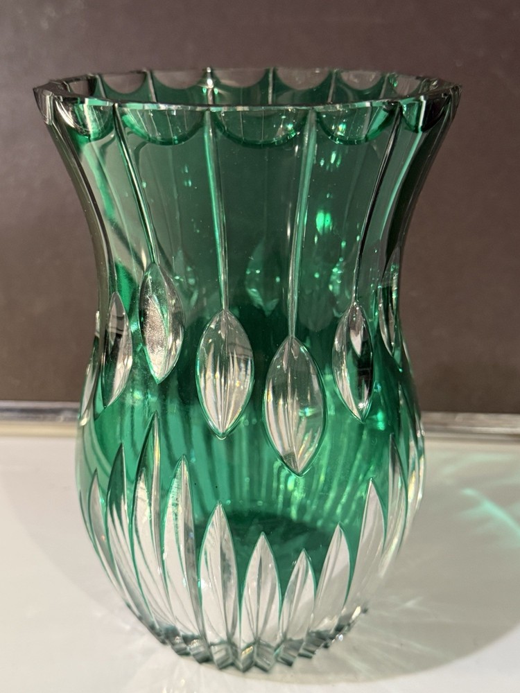 VINTAGE Green Cut-to-Clear Crystal Vase 1950s