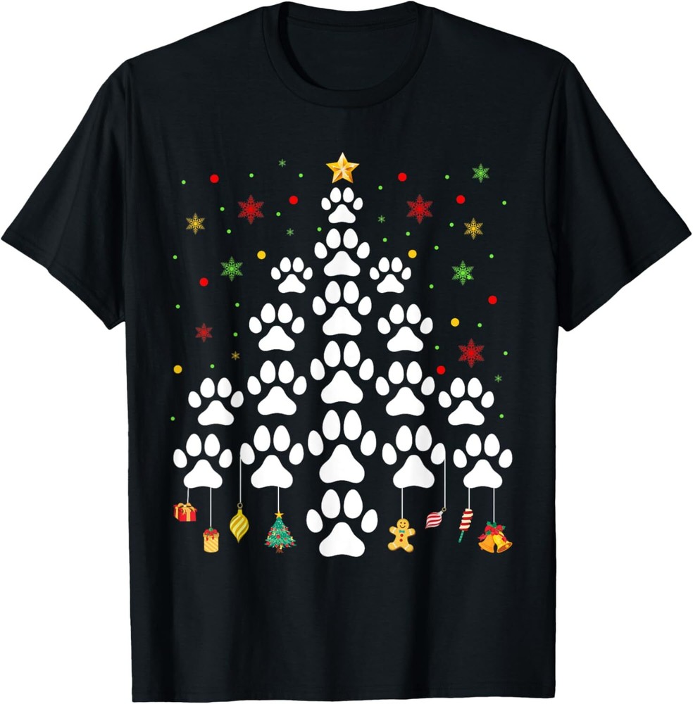 Paw Print Christmas Tree Lights Matching Family Xmas T-Shirt Hoodie