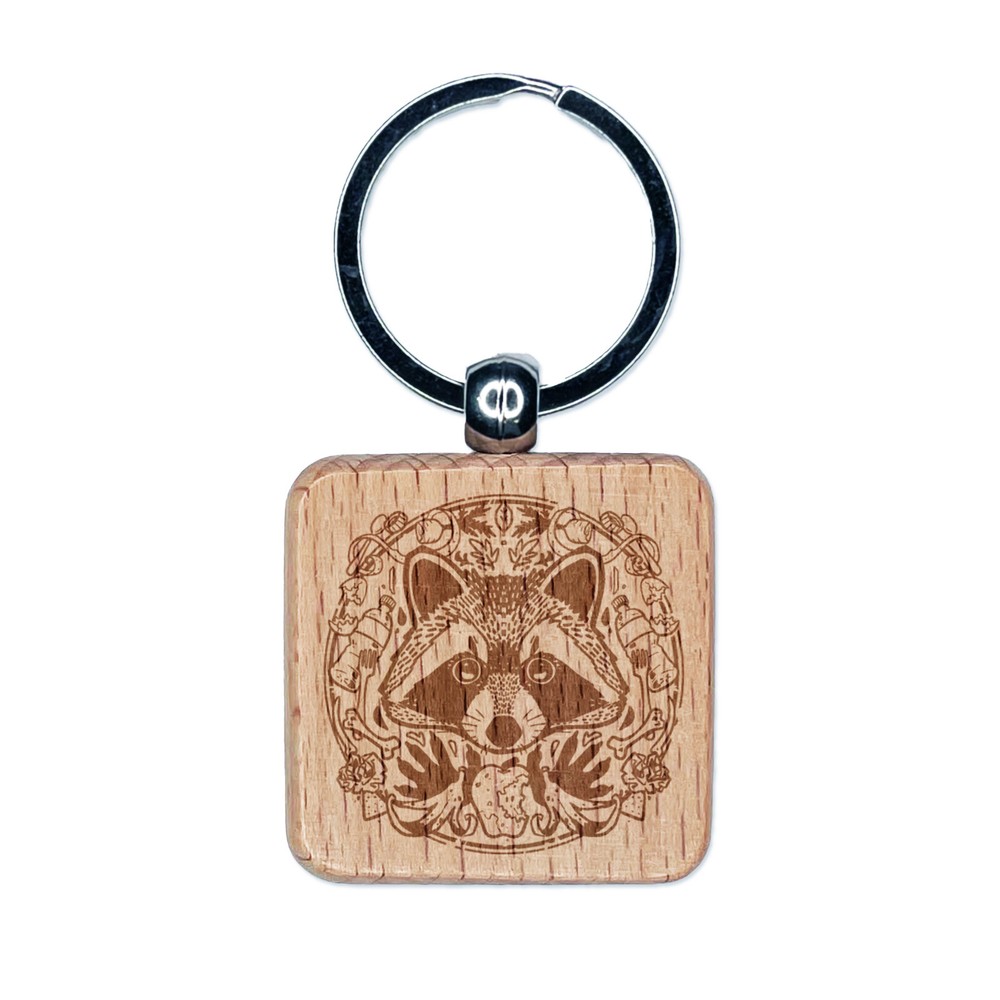Raccoon Trash Panda Wood Keychain with Engraved Garbage Wreath Design