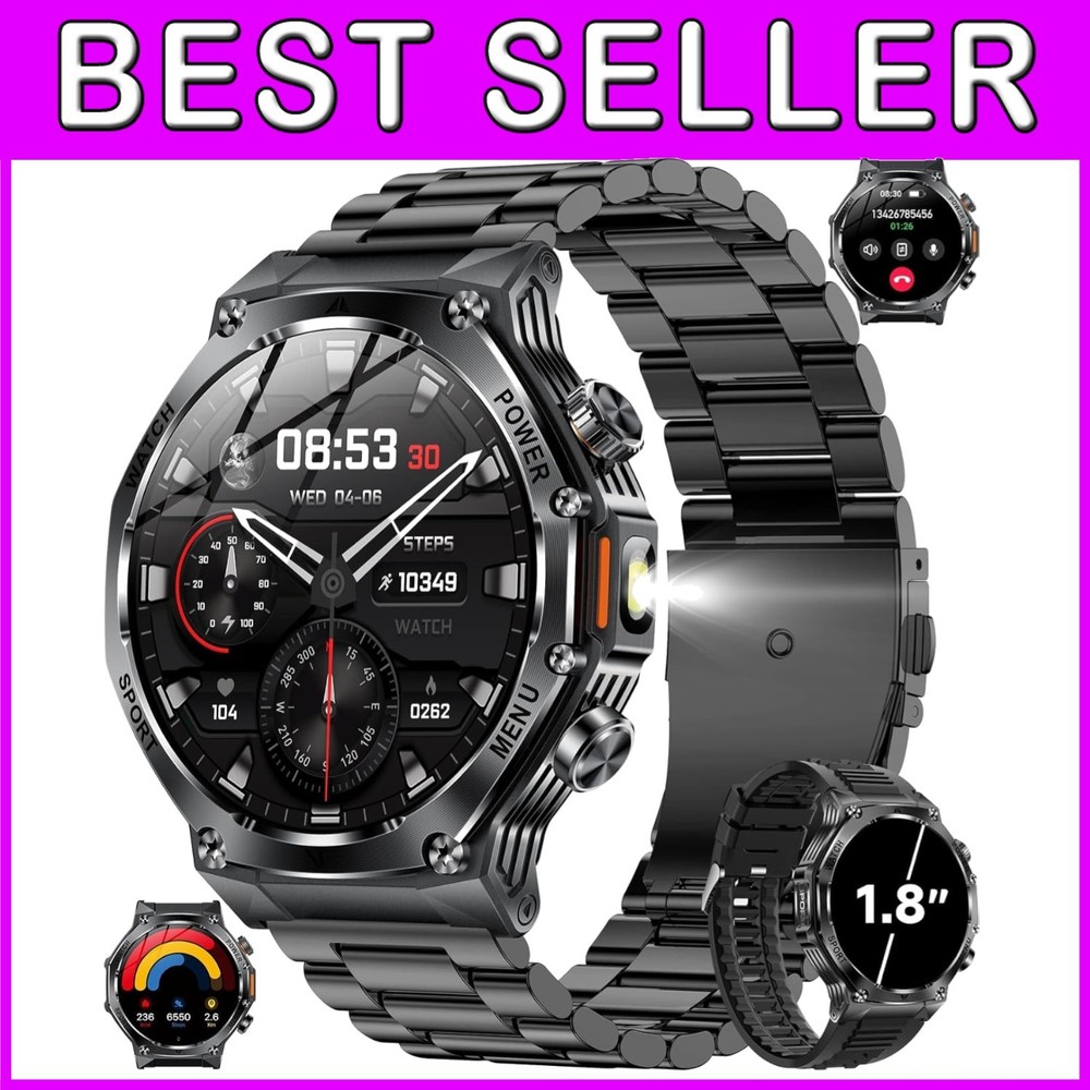 Rugged Tactical Smartwatch for Men with 100+ Sports Modes & Blood Oxygen Tracker - Black