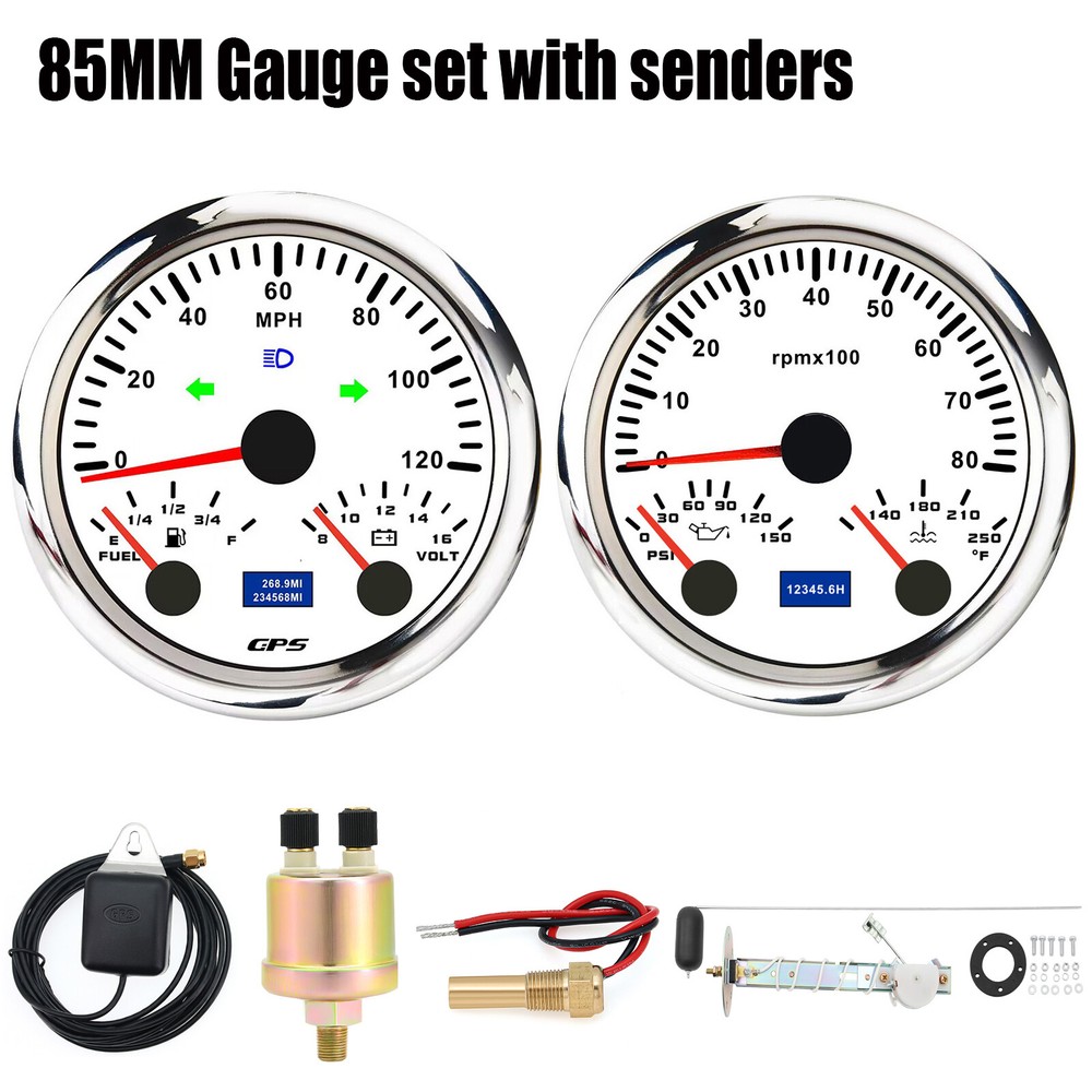 85mm GPS Speedometer 0-120MPH with Fuel Volt Tacho Oil Water Temp Gauges and Senders