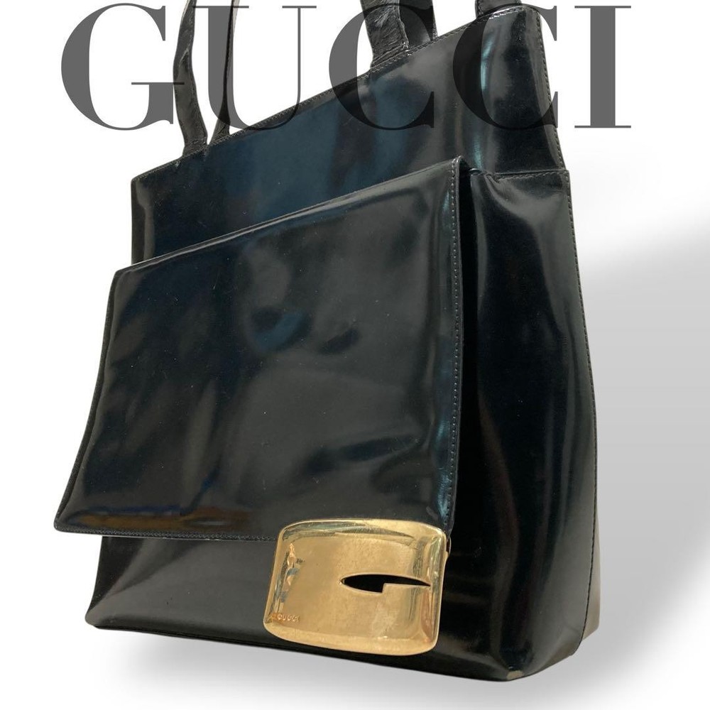 Gucci Black Enamel Tote Bag with Gold G Metal Fitting Large Shoulder Bag