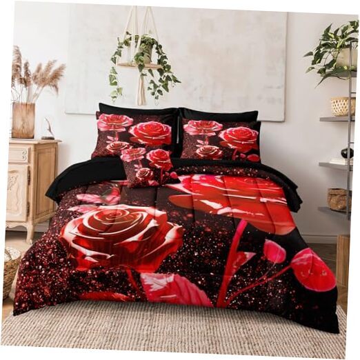 8 Pcs Bed in a Bag Red Rose Comforter Set Queen Size Rose Flower Bedding Set