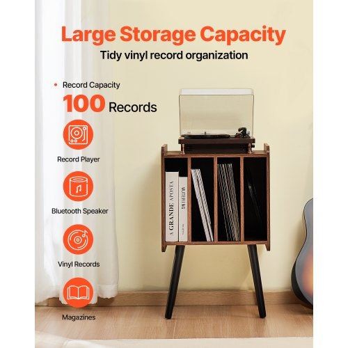 2-Tier Wood Record Player Stand Holds 100 Vinyl Albums Brown