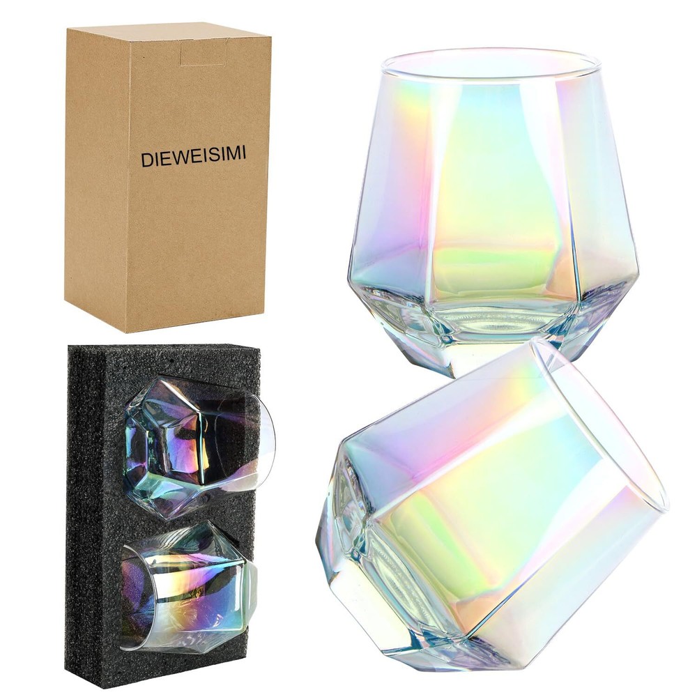 Elegant Diamond Stemless Wine Glasses Set of 2 - Iridescent Glassware