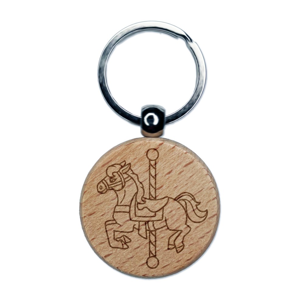 Carousel Horse Carnival Amusement Park Engraved Wood Round Keychain Tag Charm