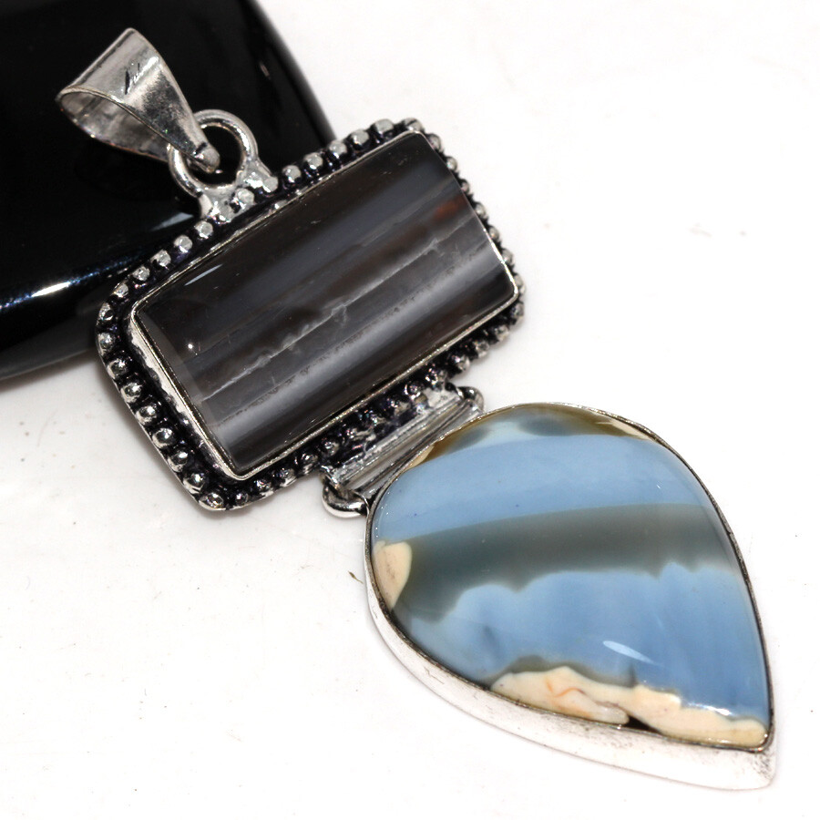 925 Silver Plated Owhyee Blue Opal Ethnic Long Pendant Jewelry Size 2.8