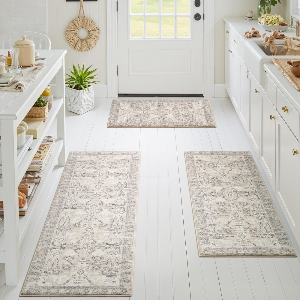 Boho Kitchen Rug Set of 3 Non Slip Washable Faux Wool Floor Mats