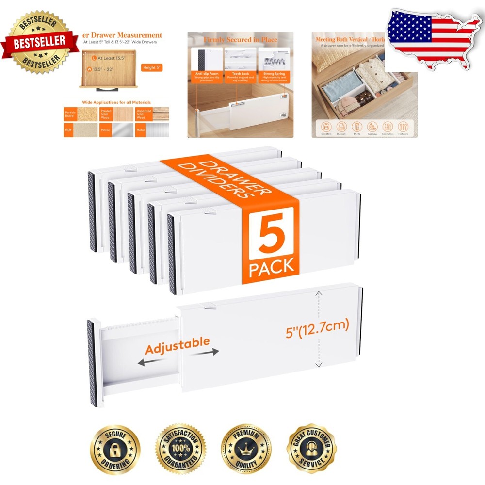 Versatile 5 Pack Drawer Organizers - Adjustable for Clothes, Kitchen, and Office