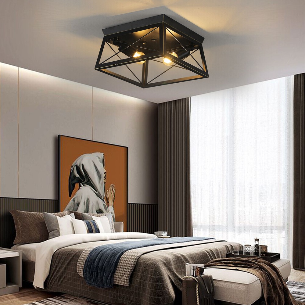 Industrial Farmhouse Ceiling Light Fixture Rustic Flush Mount Ceiling Lamp Black