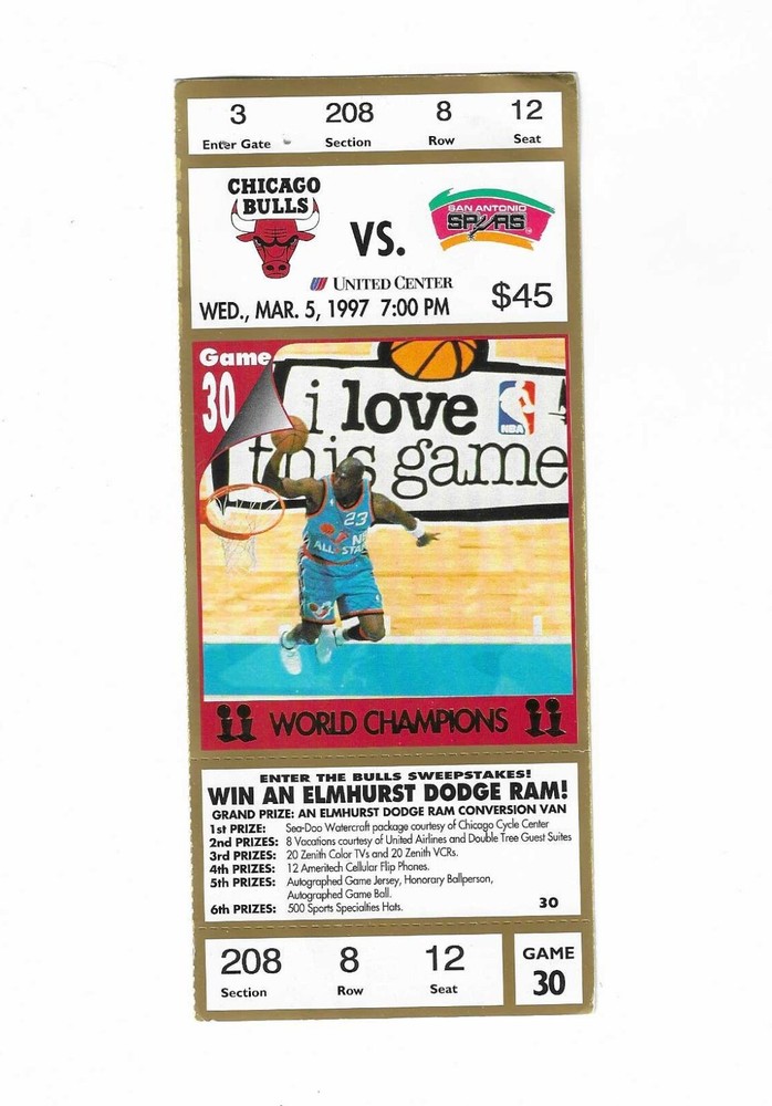Chicago Bulls vs San Antonio Spurs Unused Basketball Ticket from 3/5/1997