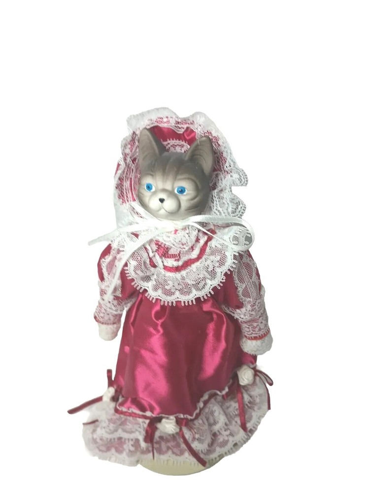 Vintage Porcelain Cat Doll in Victorian Dress and Bloomers