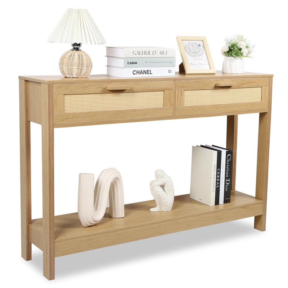 Console Table with Rattan Drawers, Boho Rattan Entryway Table with Storage, W...