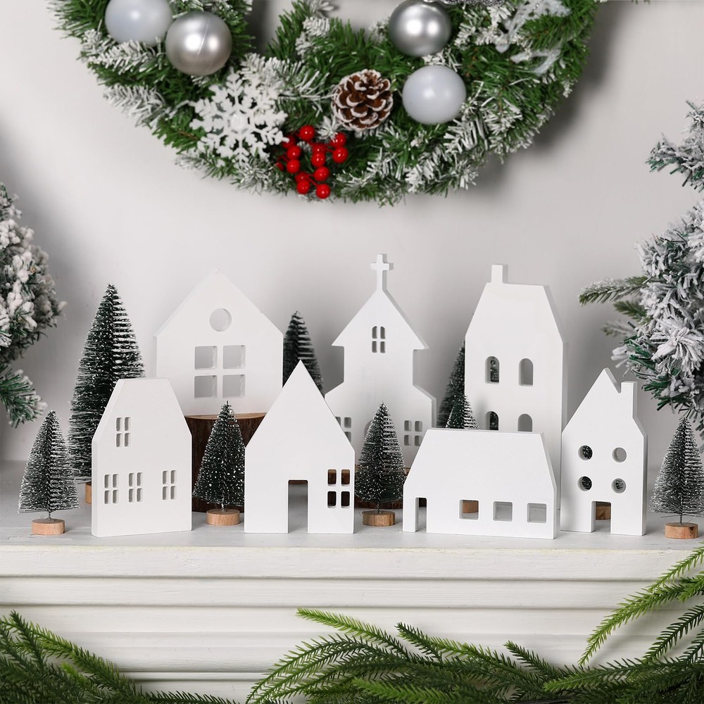 16 Pcs White Christmas Village Set with Cedar Pine Decor Wooden House Blocks ...